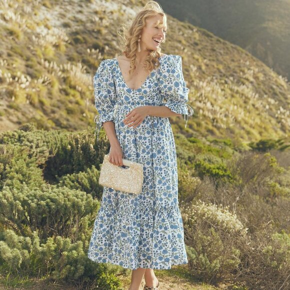 Hayley Puff Sleeve Midi Dress - Cream/Azure Floral - Picture 4 of 5